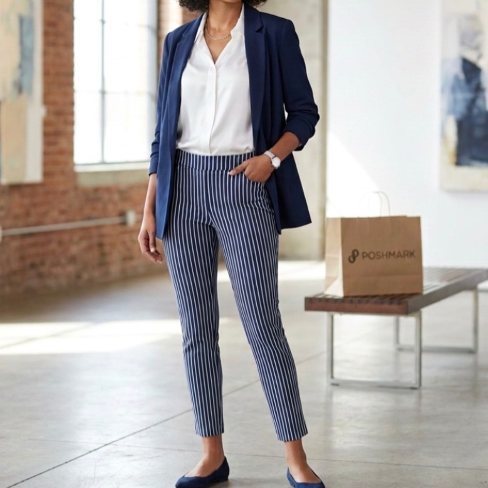 Nygard Luxe Slims Ankle Pants – Navy & White Pin Stripe